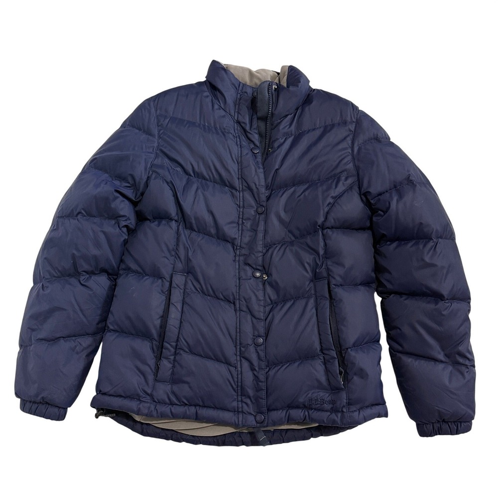 LL Bean Womens Goose Down Puffer Jacket Navy Blue Quilted Full‎ Zip Snap Sz S